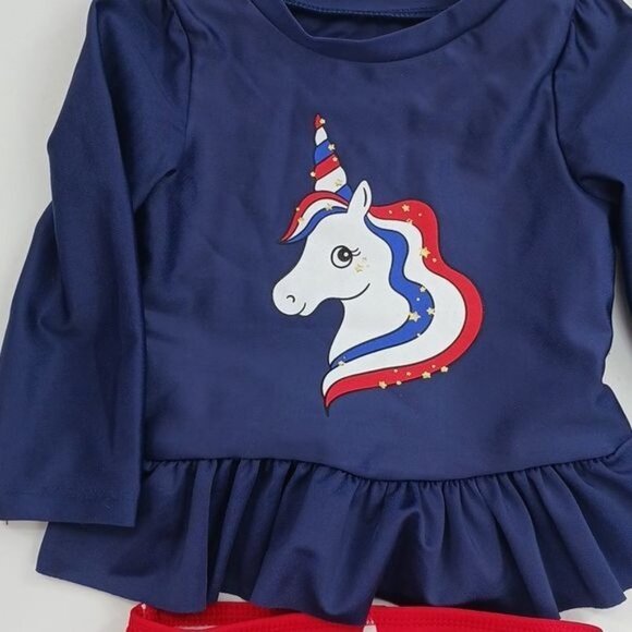 Cat & Jack Swimsuit Red White Blue Patriotic Unicorn 2 Piece Baby Girl Size 12M - Picture 2 of 5